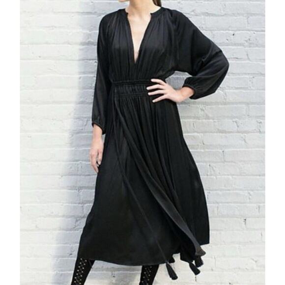 A Piece Apart Midi Dress 4 Witchy Gothic Gypsy Smocked Wednesday Pleated Black - Picture 1 of 13